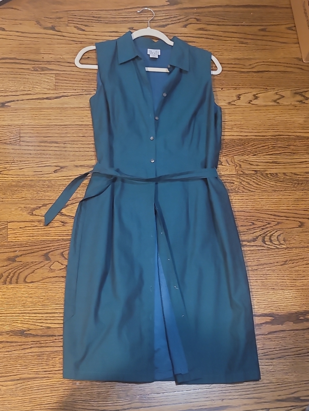 LOFT Teal Sleeveless Button-Front Shirt Dress with Tie Waist